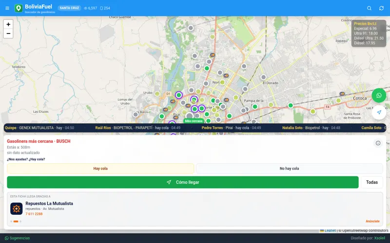 Captura de BoliviaFuel: mapa de gasolineras de Santa Cruz con el stock de cada estación
