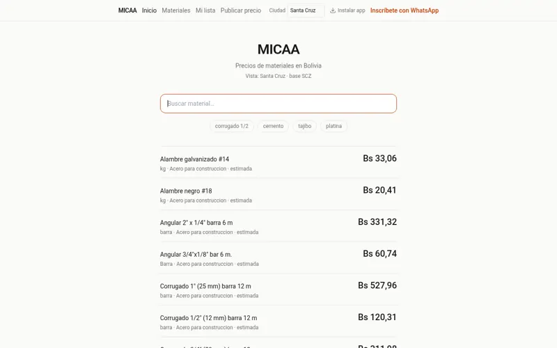 Captura de MICAA: buscador de precios de materiales de construcción en Bolivia