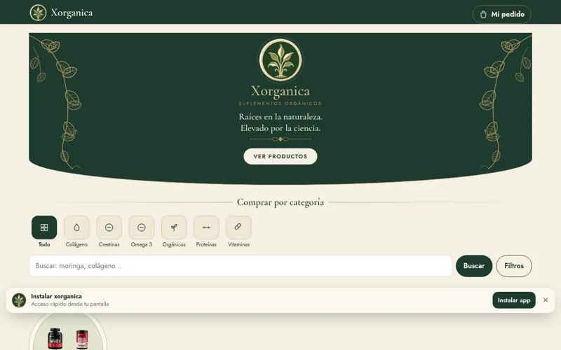 Captura de la Tienda XOrgánica: catálogo de suplementos orgánicos por categoría